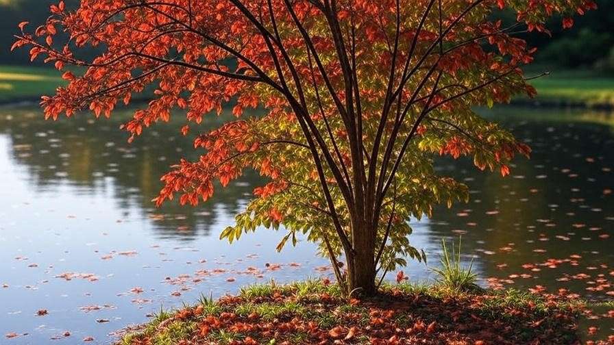 Japanese blueberry tree with red-tinged autumn leaves by a tranquil pond.