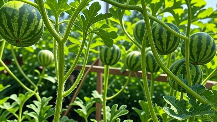Close-up of mini watermelons growing on a vine in a sunny garden with green leaves and trellis