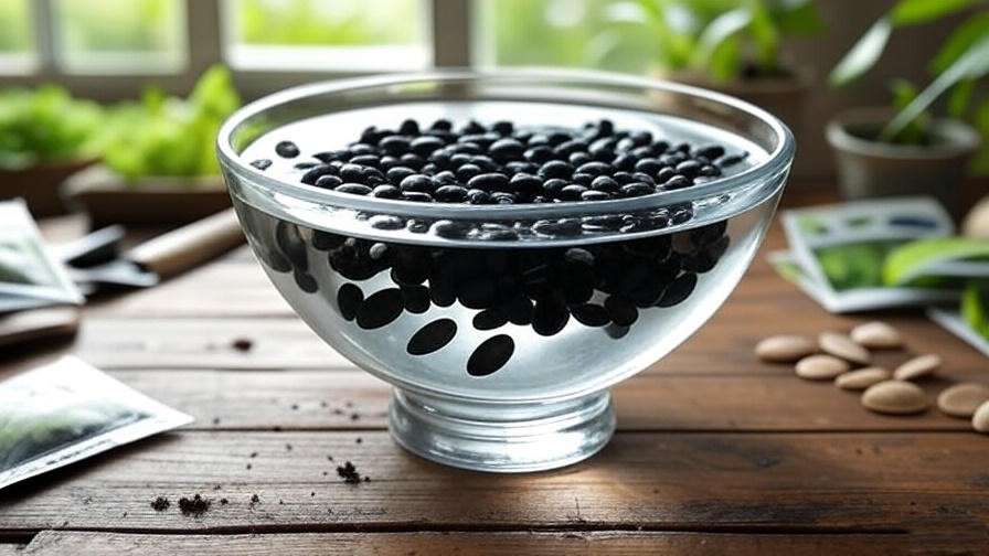  "Black watermelon seeds soaking in water with gardening tools for planting". 
