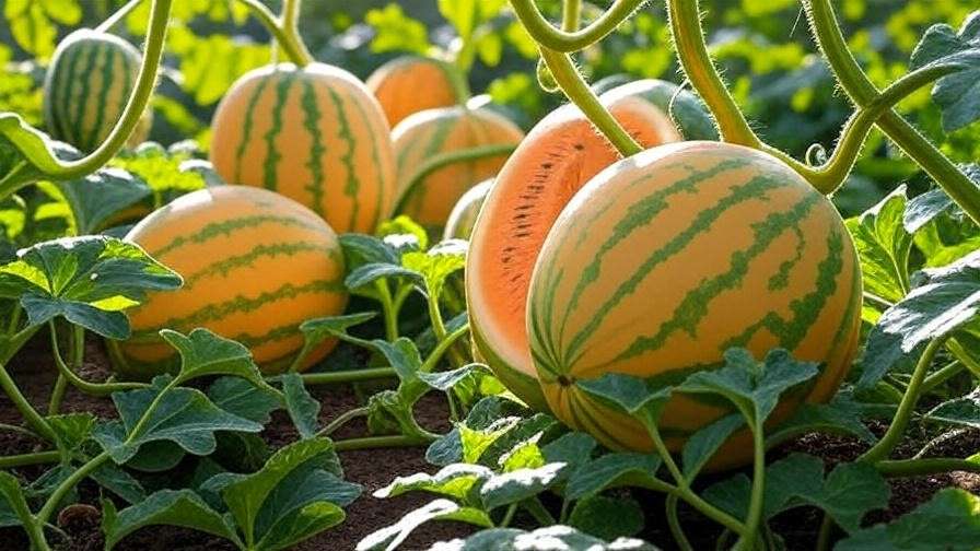  "Ripe orange watermelons growing on vines in a sunny garden." 