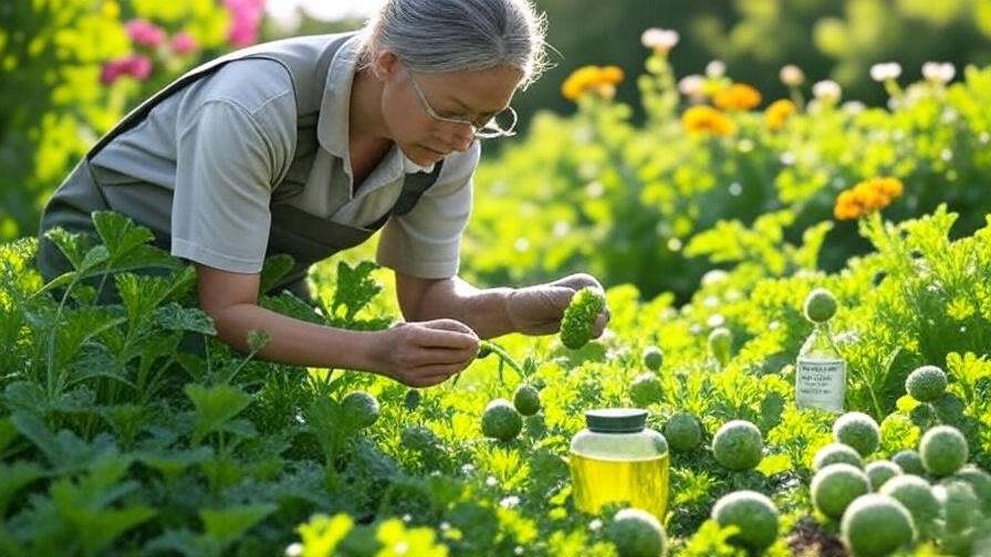 Gardener inspecting watermelon berry plants with neem oil and marigolds for pest control in a garden."
