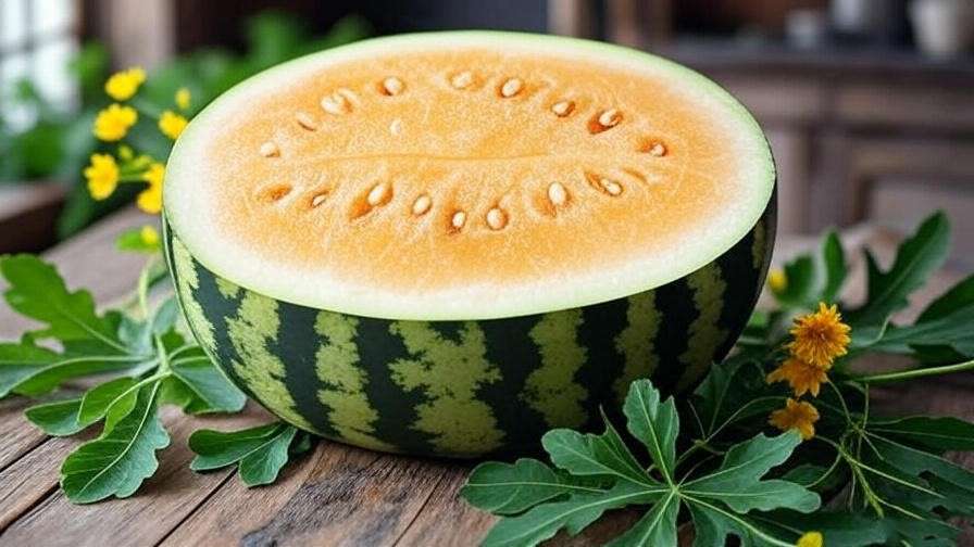 Close-up of a honey watermelon with golden flesh on a wooden table surrounded by green leaves and flowers.