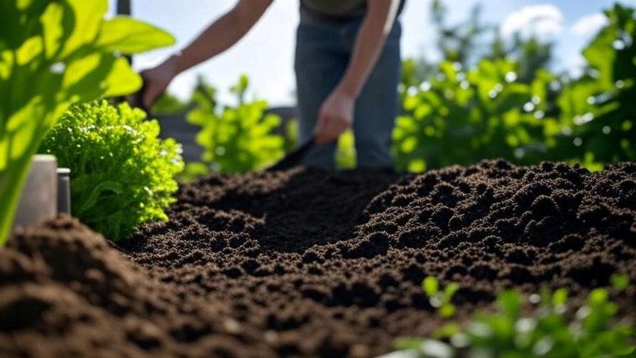 Soil test kit in use with a compost-enriched garden bed for green watermelon planting