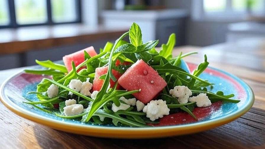 Colorful mini watermelon and feta salad with arugula and mint on a rustic wooden table