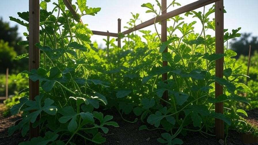 "Trellises supporting black watermelon vines in a healthy garden". 