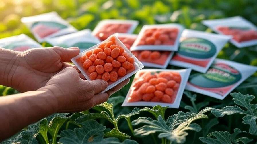  "Gardener holding orange watermelon seed packets with garden background." 