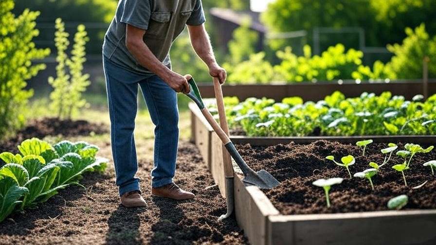 Person preparing soil with compost in a sunny garden near honey watermelon seedlings