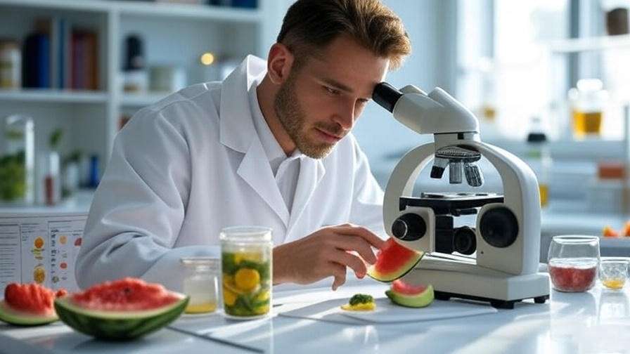 "Scientist examining mini watermelon slice under microscope with nutritional charts."