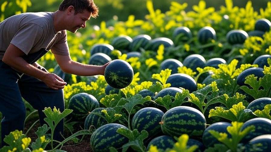  "Gardener tapping a black watermelon to check ripeness in the garden". 