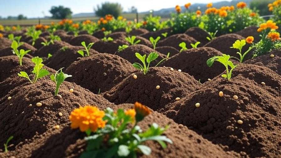 Rows of mounded soil with sprouting honey watermelon vines and marigolds in a sunny garden.