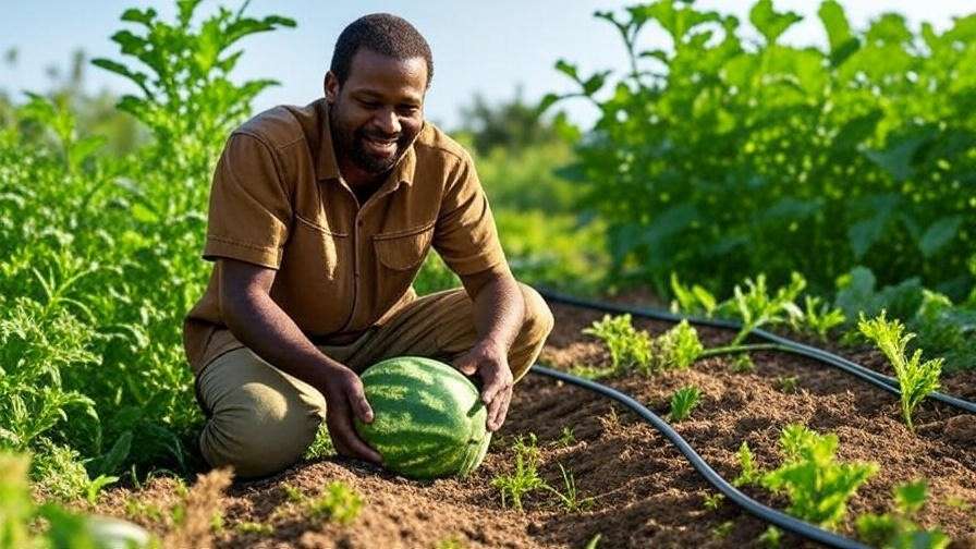 "Sustainable garden with mini watermelon plants and water-efficient irrigation system." 