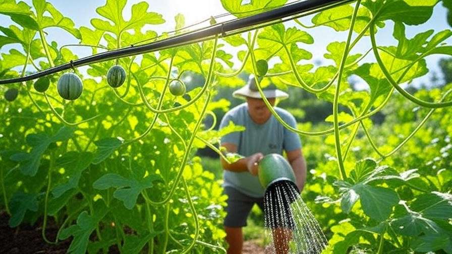  Gardener watering honey watermelon plants with drip irrigation on a trellis. 