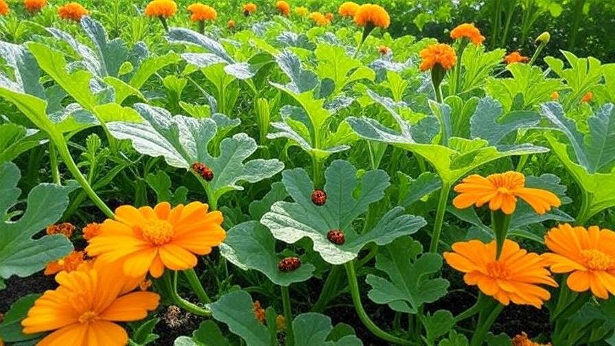 "Green watermelon plants with organic pest control using marigolds and ladybugs.