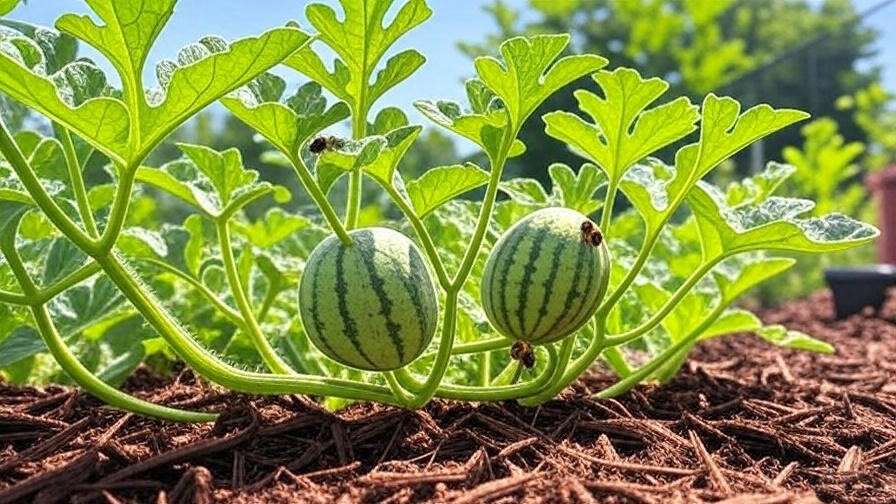  "Thriving orange watermelon plant with fruit and bees." 