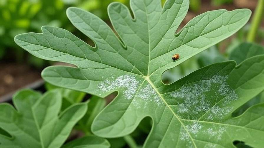  Close-up of honey watermelon leaves with a ladybug and minor powdery mildew in a garden. 