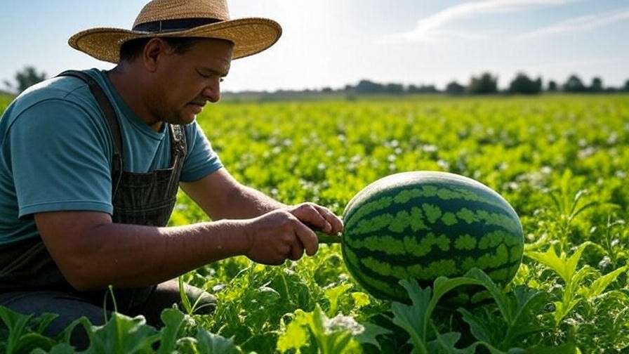"Farmer harvesting ripe green watermelon with yellow belly and knife." 