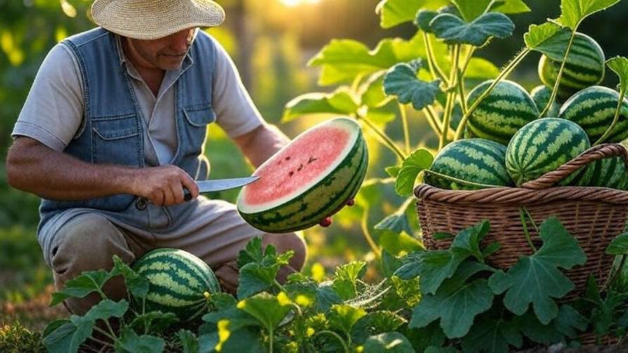 "Basket of harvested orange watermelons with gardener cutting more." 
