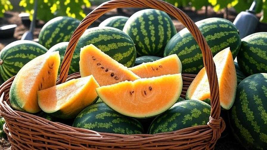 Basket of freshly harvested honey watermelons with golden flesh in a shaded garden