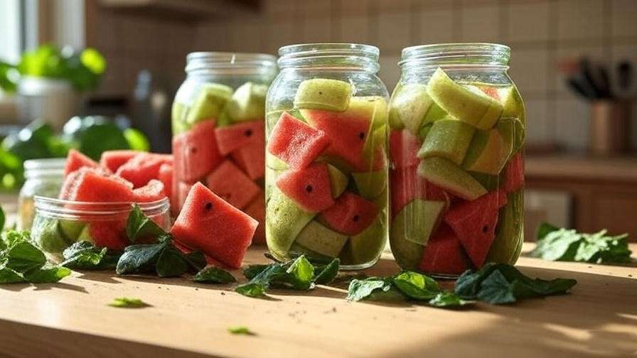 "Pickled green watermelon rinds and fresh cut pieces in jars
