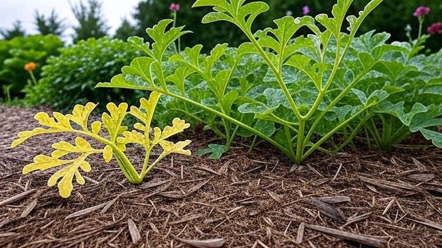  "Orange watermelon plant with pest damage next to a healthy plant." 