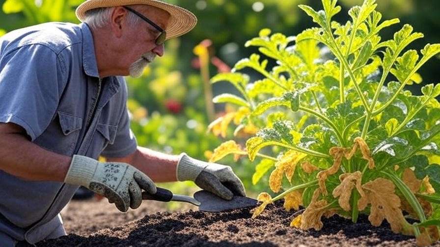 Gardener inspecting a wilting honey watermelon plant next to a healthy one in a garden. 