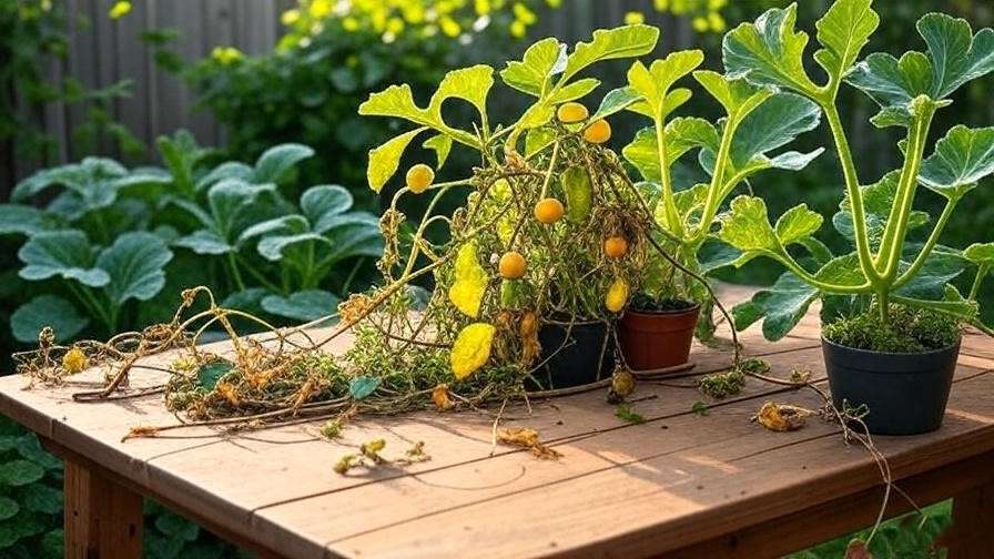 "Garden troubleshooting table with yellowing leaves and healthy green watermelon plants." 