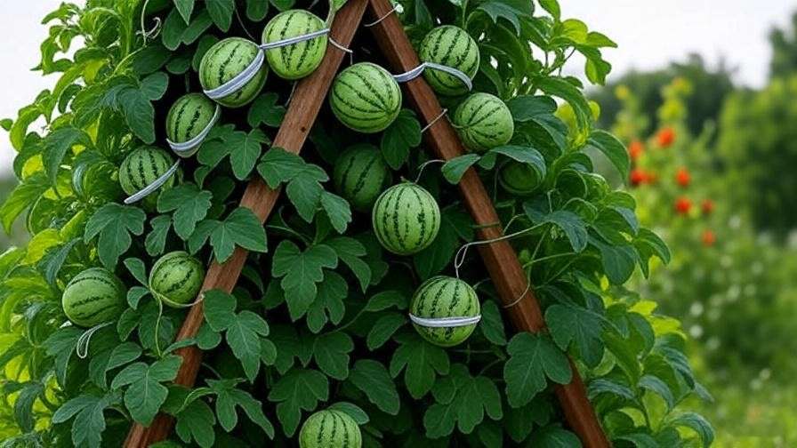 "A-frame trellis supporting organic watermelon vines with fruit slings
