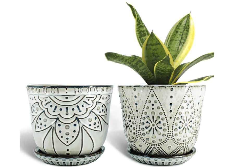 
Gepege 6 Inch Beaded Ceramic Planter Set of 2 with Drainage Hole and Saucer for Plants, Indoor-Outdoor Large Round Succulent Orchid Flower Pot