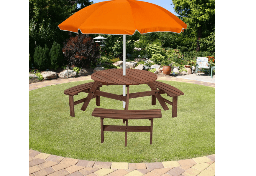 
SSLine 6-Person Solid Wood Picnic Table Outdoor Round Picnic Table and Bench Set with Umbrella Hole Outside Wooden Table and Chairs Set for Patio Backyard..