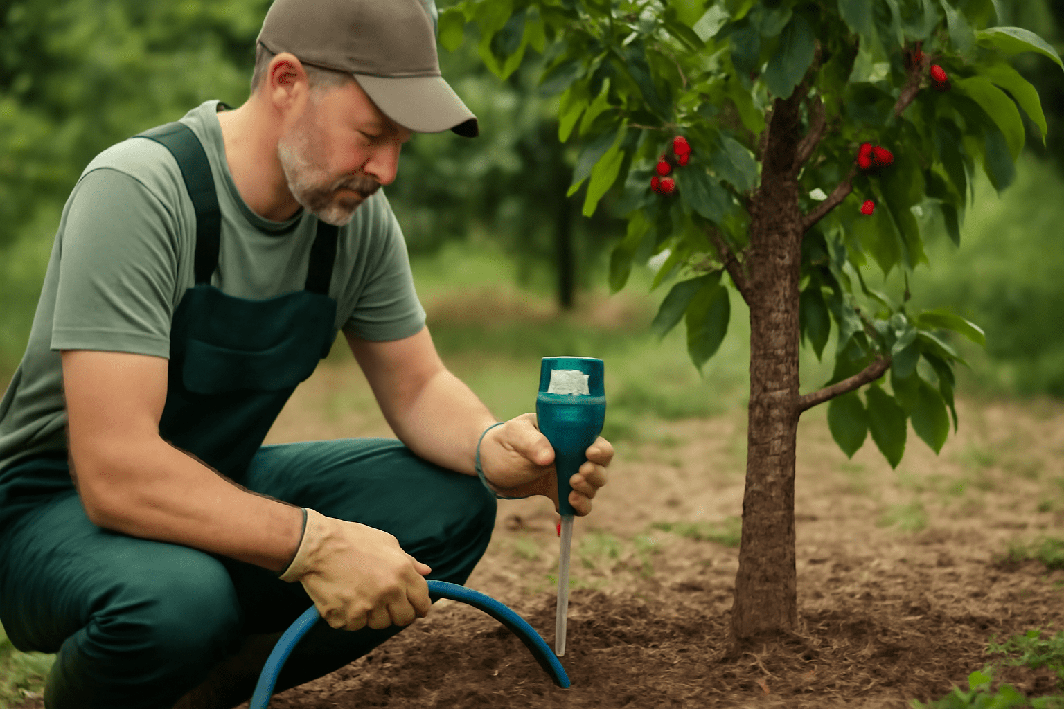 A man in gardening attire checks soil moisture with a probe beside a fruit tree with red cherries, conveying dedication and care in gardening.