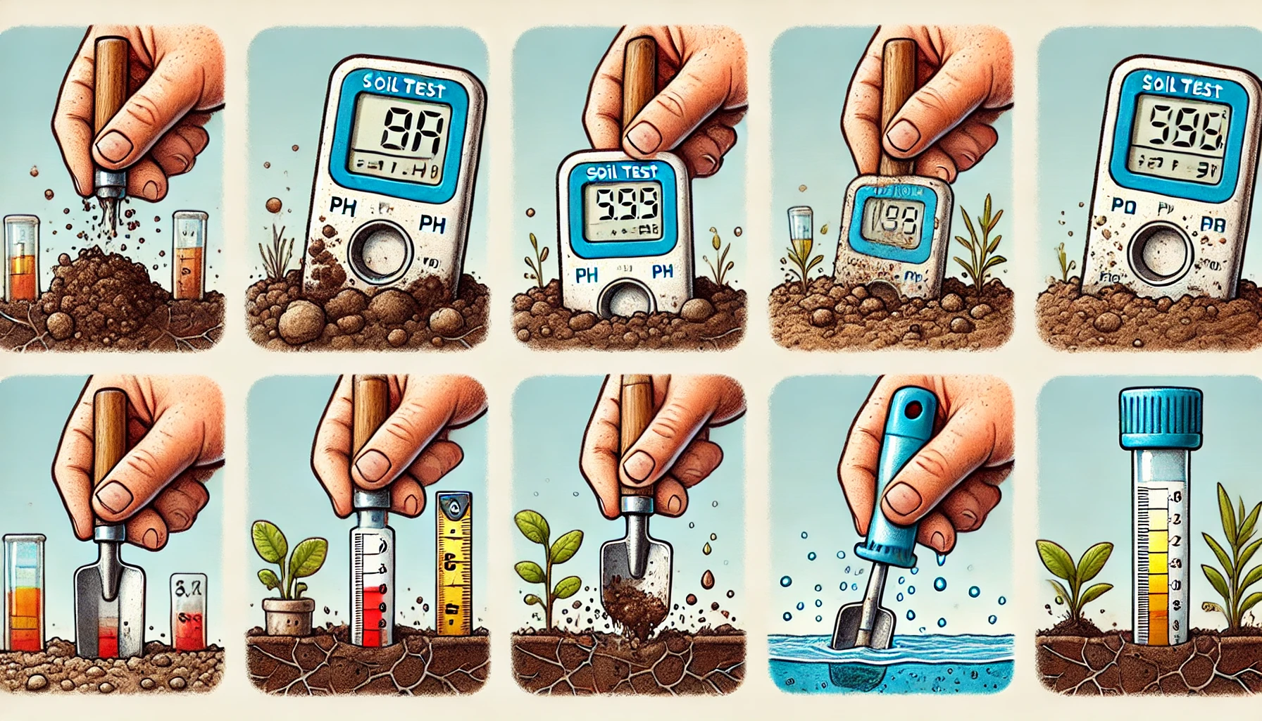 Illustration sequence demonstrating soil testing: measuring pH, sampling, and analyzing soil for optimal plant growth.