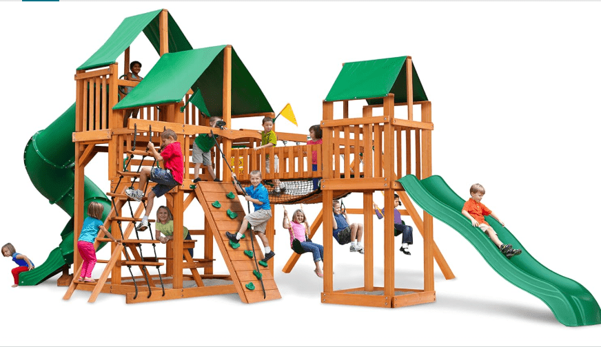  Gorilla Playsets 01-1021-AP-1 Treasure Trove I Wood Swing Set with Green Vinyl Canopy, 2 Slides, and Clatter Bridge