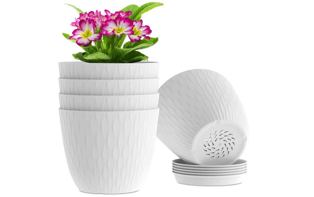 
WSMKSZ 6 inch Flower Pots, 5 Pack Plant Pots with Drainage Holes and Saucers for Indoor Plants, Plastic Planters with Water Ripple for Small Garden House
