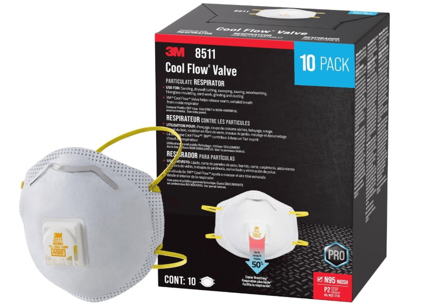 
3M N95 Respirator 8511, 10 Pack, NIOSH-APPROVED N95, Features 3M COOL FLOW Exhalation Valve, Relief From Dusts & Certain Particles During Sanding
