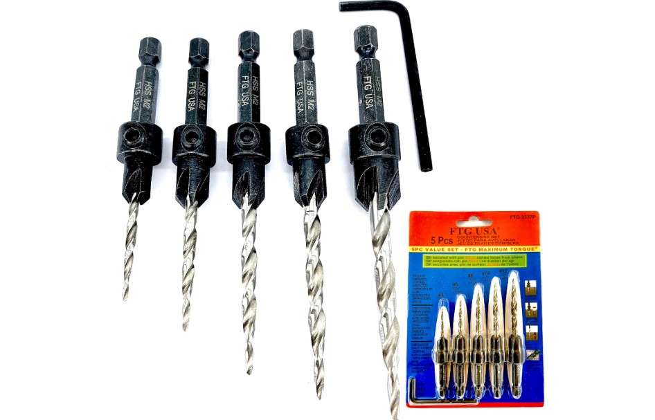 
FTG USA Countersink Drill Bit Set 5 Pc #4#6#8#10#12 Tapered Drill Bit for Woodworking