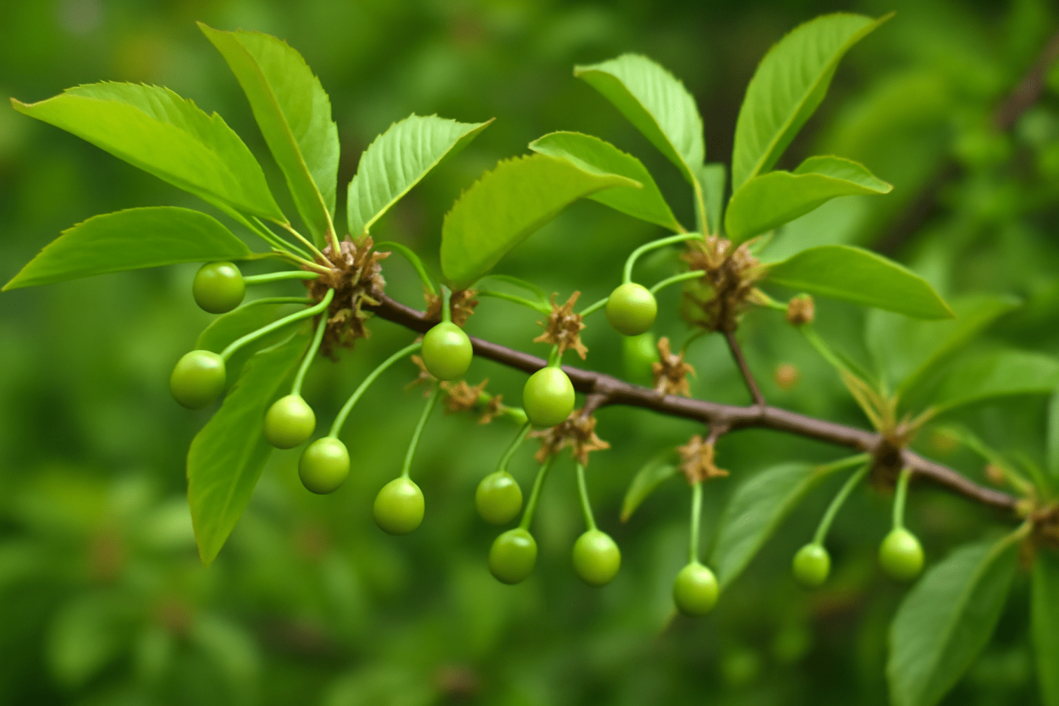 A close-up of a cherry tree branch featuring multiple small green cherries and vibrant green leaves against a blurred background.