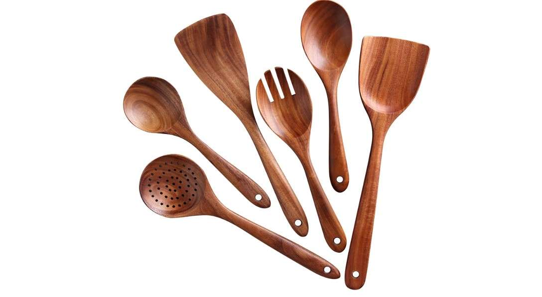  NAYAHOSE Wooden Spoons for Cooking, 6 Pcs Wooden Utensils for Cooking, Natural Teak Wood Non-Stick Cooking Spoons, Wood Utensils Set for Kitchen