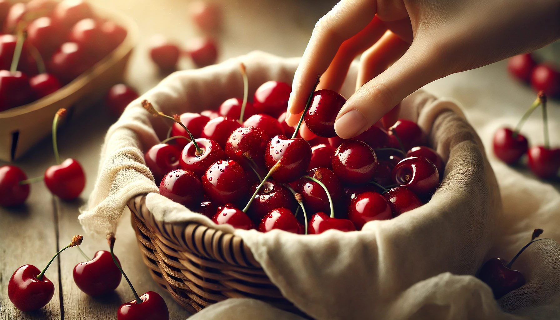 A hand reaches for shiny, red cherries in a woven basket, surrounded by more cherries and soft fabric, glistening with moisture.