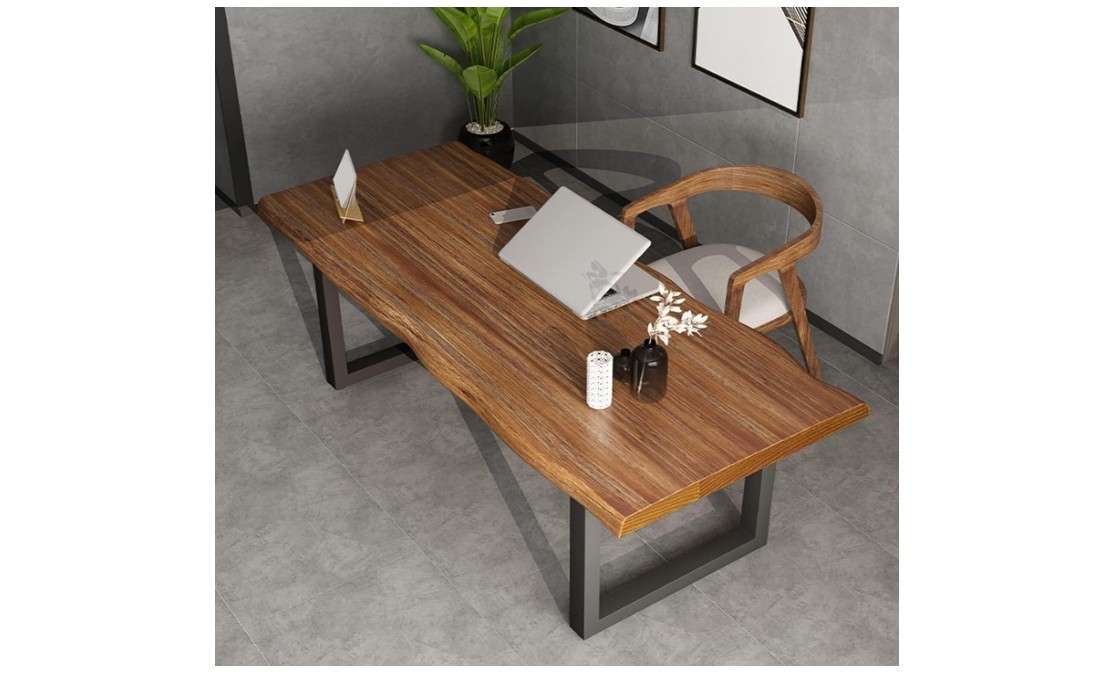 Solid Wood Computer Desk, 5cm Thick Natural Pine Desktop with Wrought Iron Frame, Multifunctional Home Office Writing Easy Assembly(
