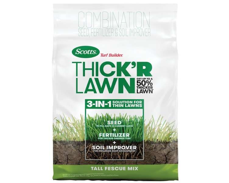  Scotts Turf Builder Thick'R Lawn Tall Fescue Mix, Combination Seed, Fertilizer and Soil Improver, Thickens Thin Grass, 12 lbs.