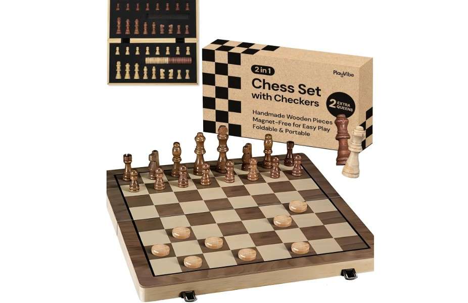 PlayVibe Wooden Chess Set 15'' & Checkers Board Games for All Players with 2 Extra Queens - Handmade Classic Wooden Chess Board, Portable