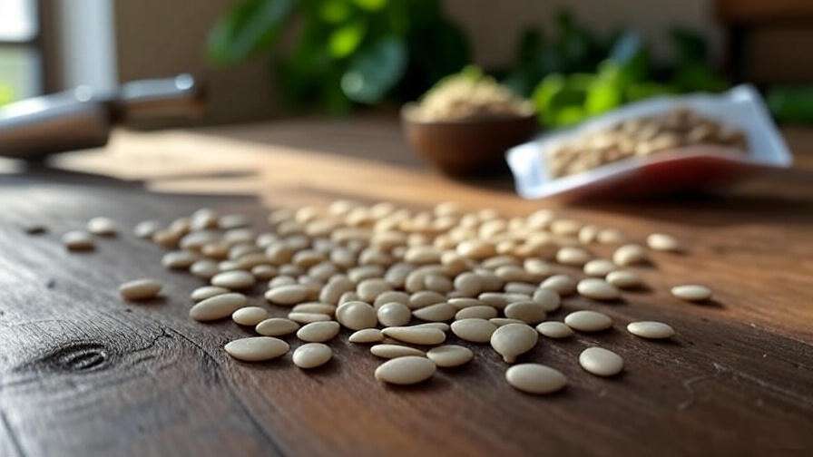 Close-up of Sugar Baby watermelon seeds on a wooden table with scoop and packet
