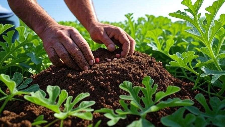 "Farmer planting watermelon seeds in prepared soil mound on a sunny field". 
