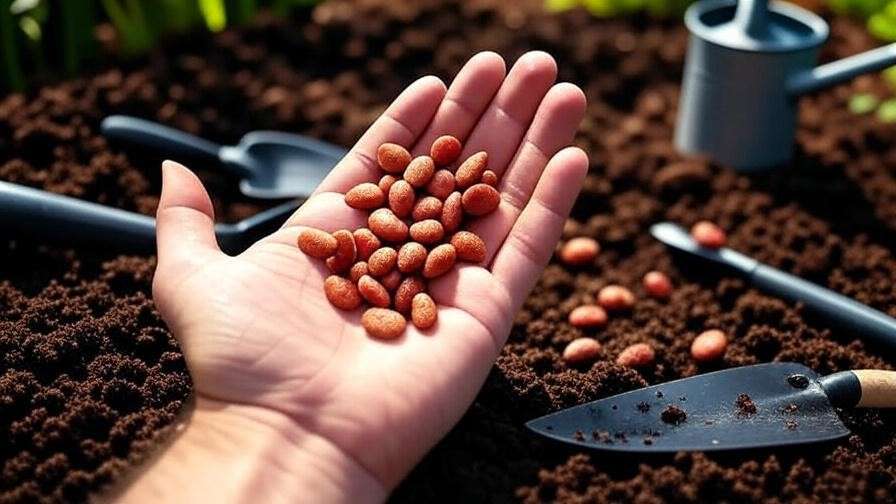  Close-up of hand holding Crimson Sweet watermelon seeds with soil and tools in a sunny garden.