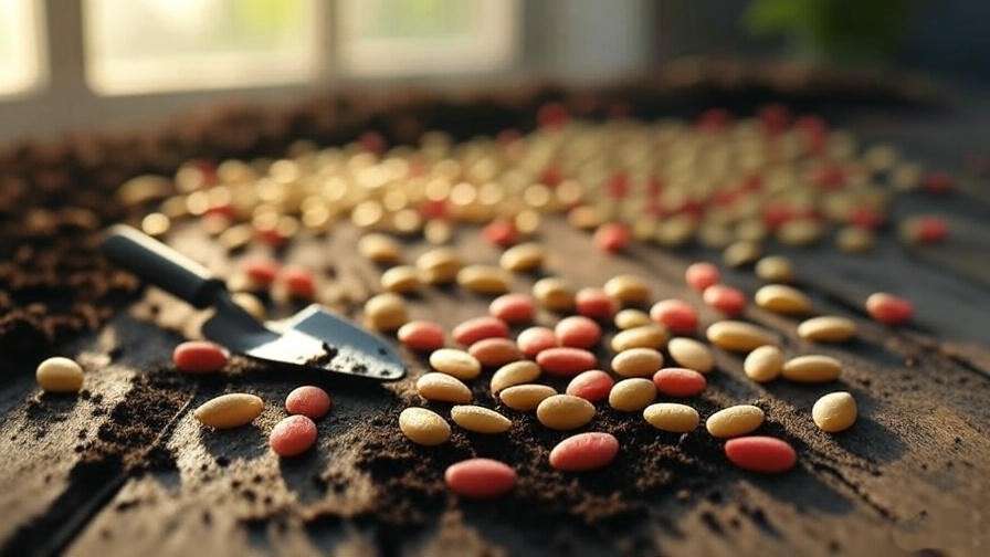 Close-up of miniature watermelon seeds on a wooden table with soil and trowel"