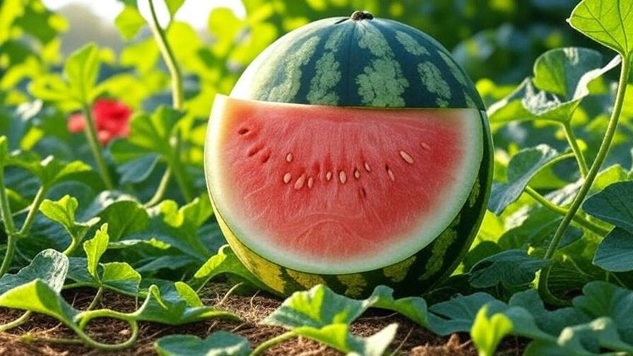 "Close-up of sunshine watermelon with golden flesh in a lush garden" 