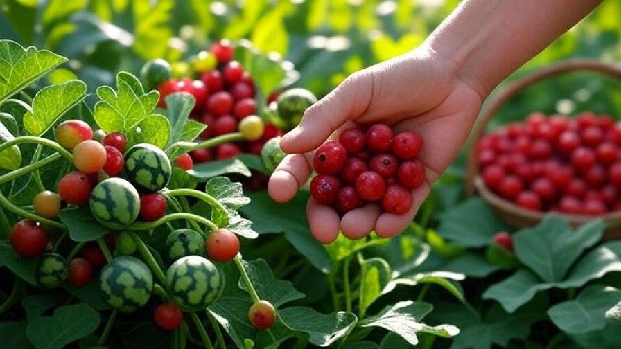 "Hand harvesting ripe watermelon berries with a basket of fresh berries in a sunny garden."
