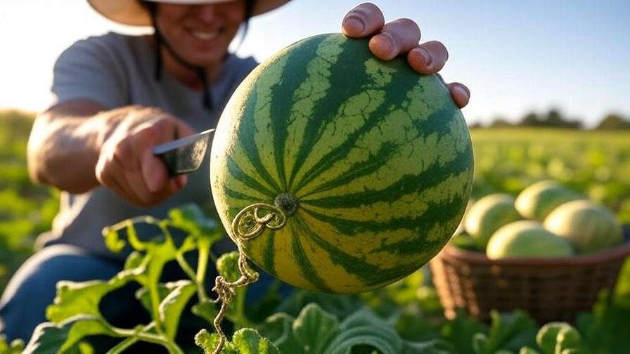 Harvesting ripe Sugar Baby watermelon with yellow underside and dry tendril."
