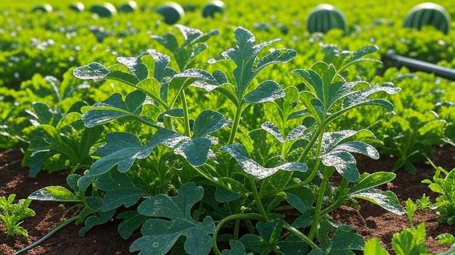 Drip irrigation system watering watermelon plants with ripe fruit in background".