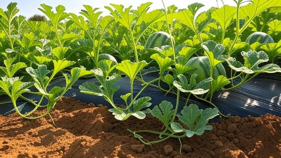 Crimson Sweet watermelon plants growing with black mulch under sunny sky. 